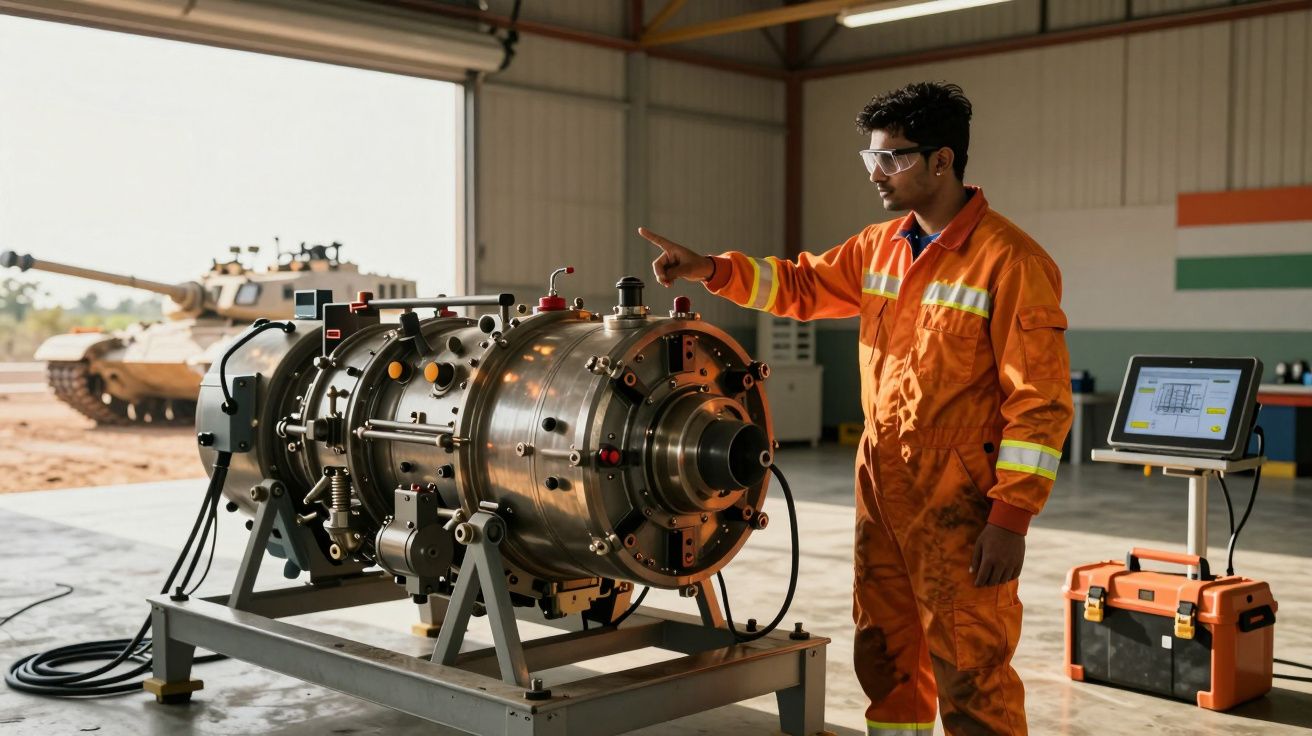 Engenheiro em fato laranja inspeciona equipamento mecânico industrial numa oficina com tanque ao fundo.
