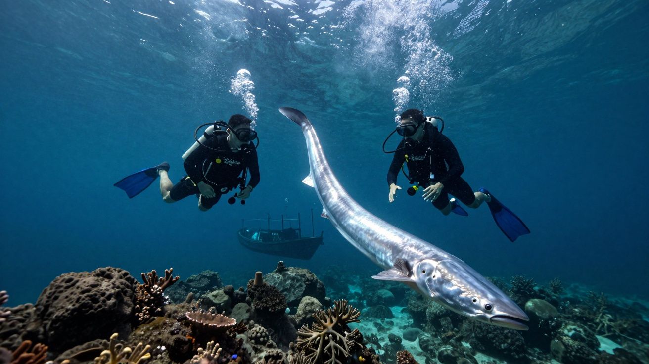 Dois mergulhadores observam um peixe-lua gigante próximo de um recife coralino subaquático.