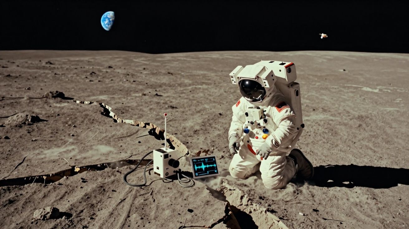 Astronauta em fato espacial ajoelhado na superfície lunar com a Terra visível ao fundo.