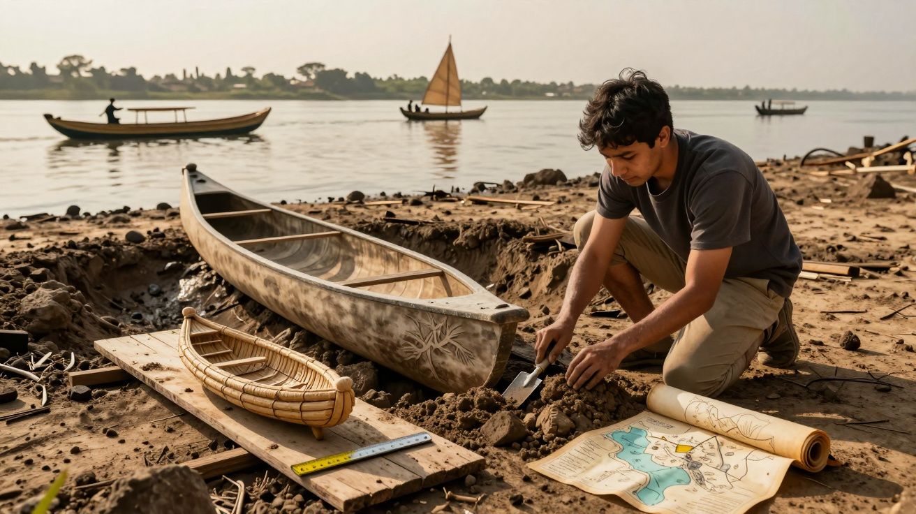Homem ajoelhado a escavar terra perto de canoa, com barcas ao fundo num rio calmo ao pôr do sol.