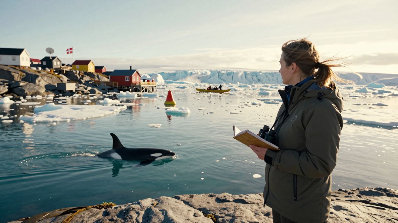 Mulher observa orca numa baía com casas coloridas, gelo flutuante e barco a remo, sob céu claro.