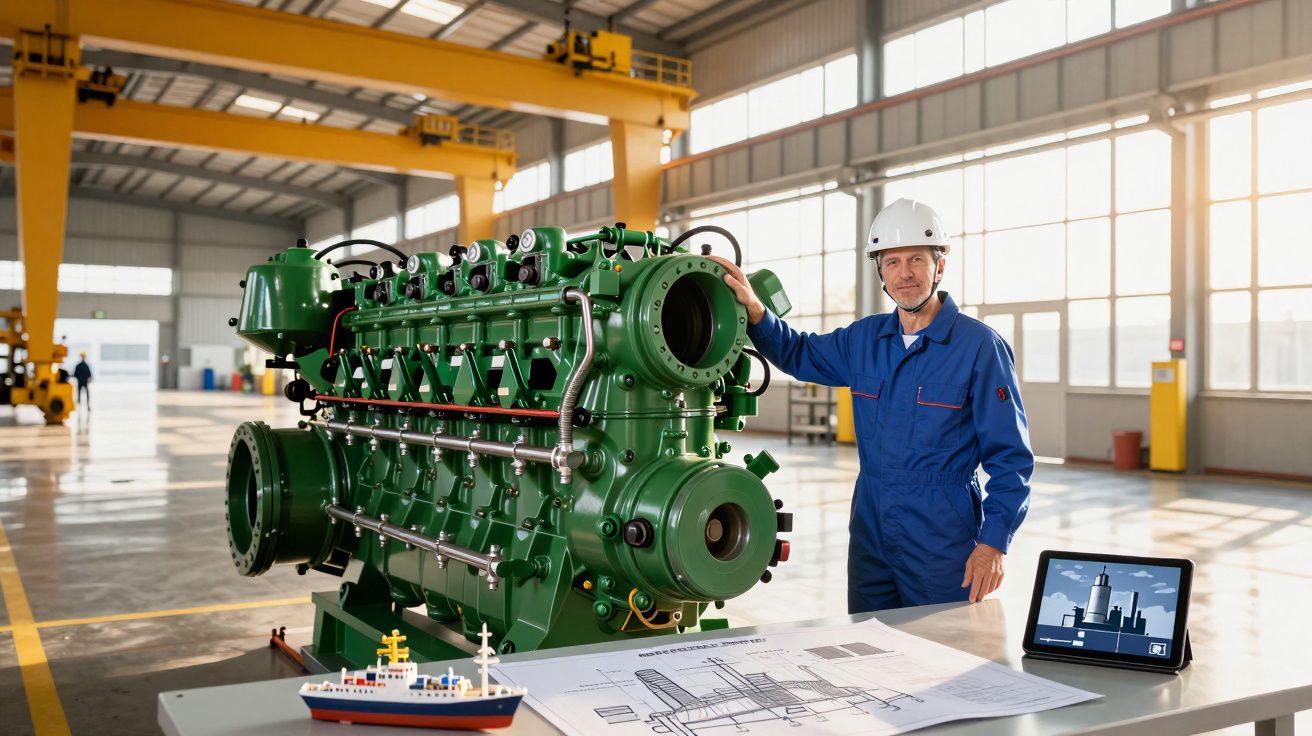 Engenheiro com fato de proteção e capacete ao lado de motor industrial verde numa oficina.
