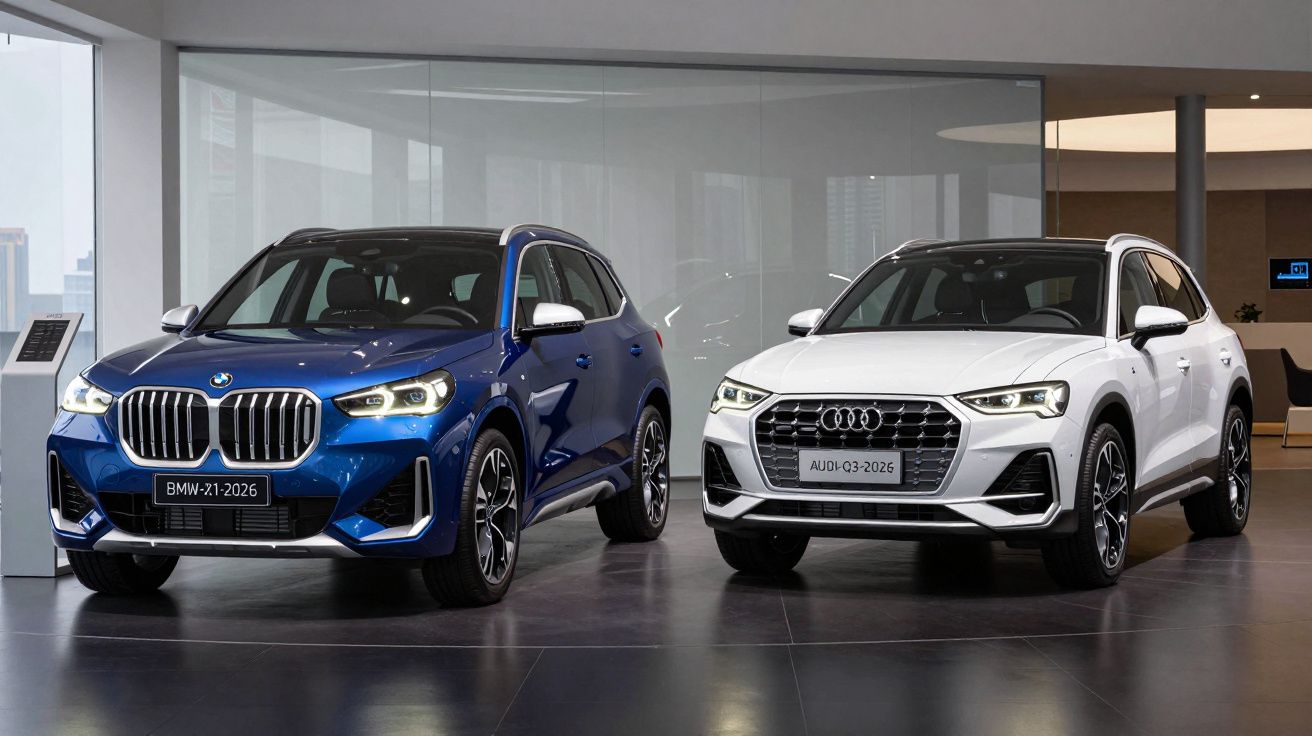 Dois SUV em exposição, um BMW azul e um Audi branco, num showroom moderno com chão escuro.