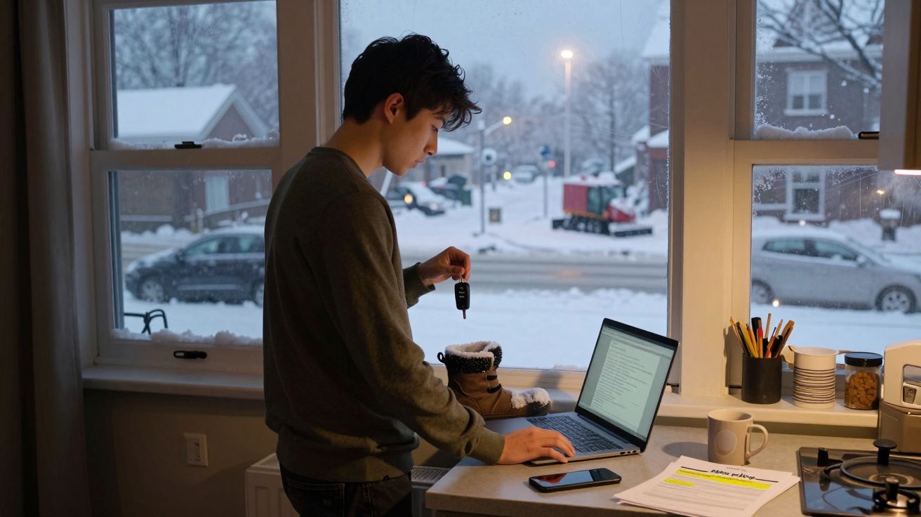 Jovem numa cozinha com neve do lado de fora utiliza computador e segura a chave de um carro.