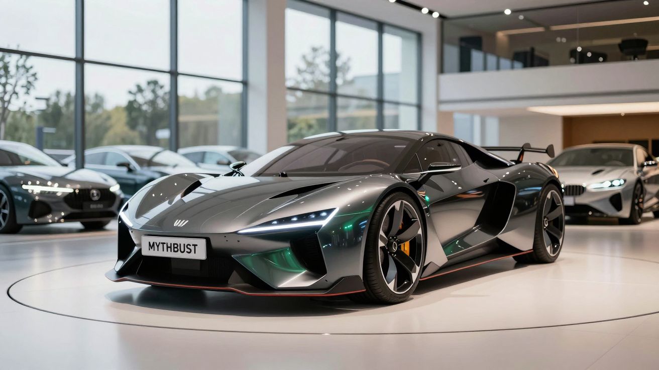 Carro desportivo cinzento metálico em exposição numa sala iluminada com janelas amplas e outros carros ao fundo.