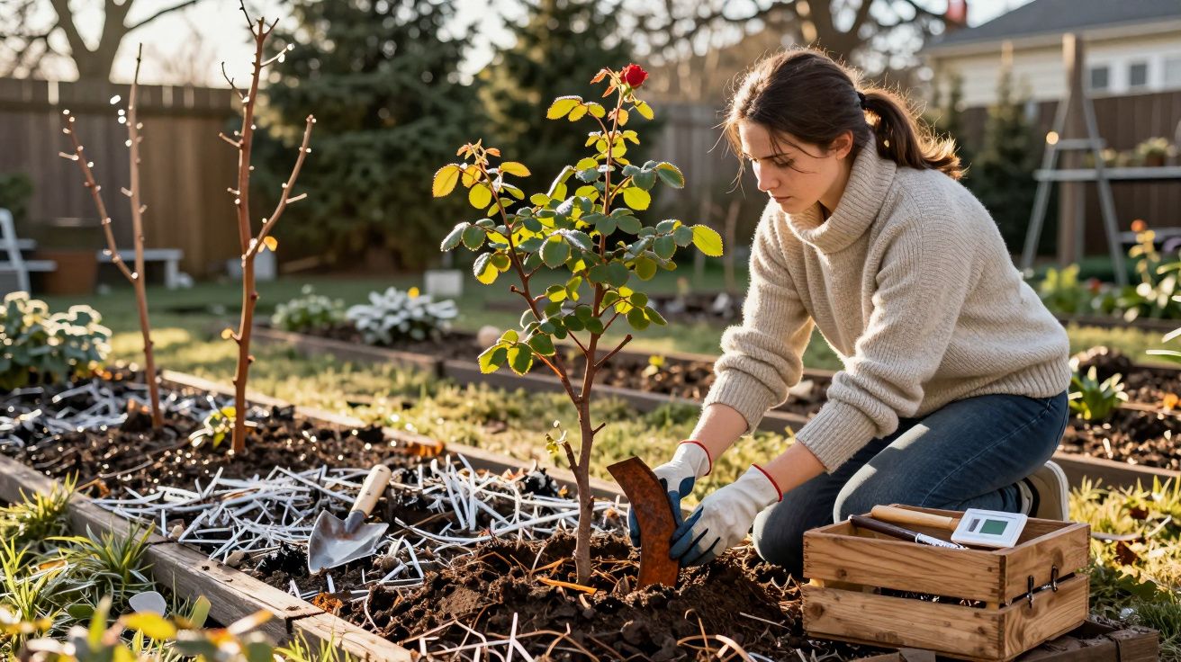 Mulher a plantar uma roseira num jardim com ferramentas de jardinagem ao lado em dia de sol.