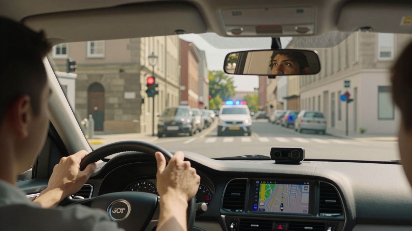 Homem conduz carro na cidade com viatura policial em aproximação e sinal vermelho no semáforo.