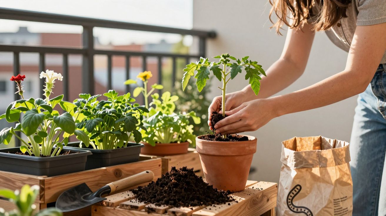 Pessoa a transplantar muda de planta em vaso, rodeada de flores e ferramentas de jardinagem numa varanda.