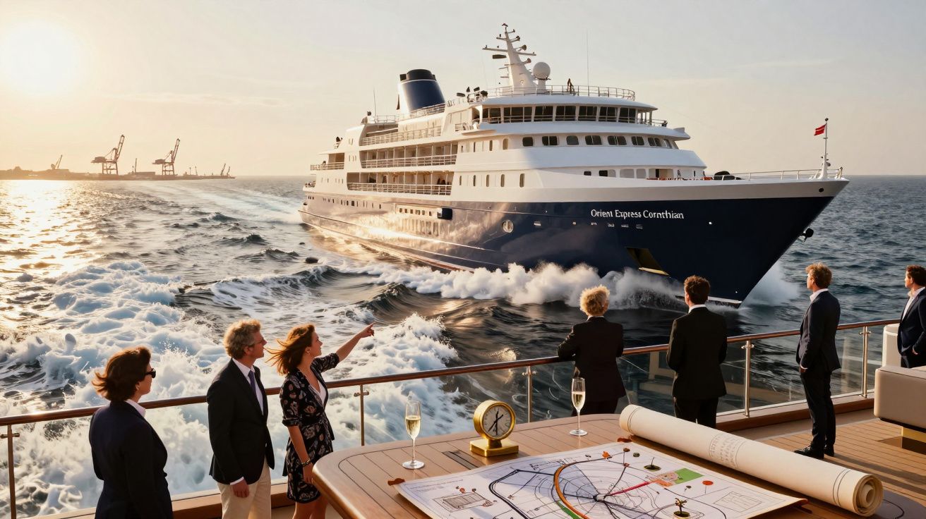 Grupo de pessoas bem vestidas observa navio de cruzeiro no mar ao pôr do sol.