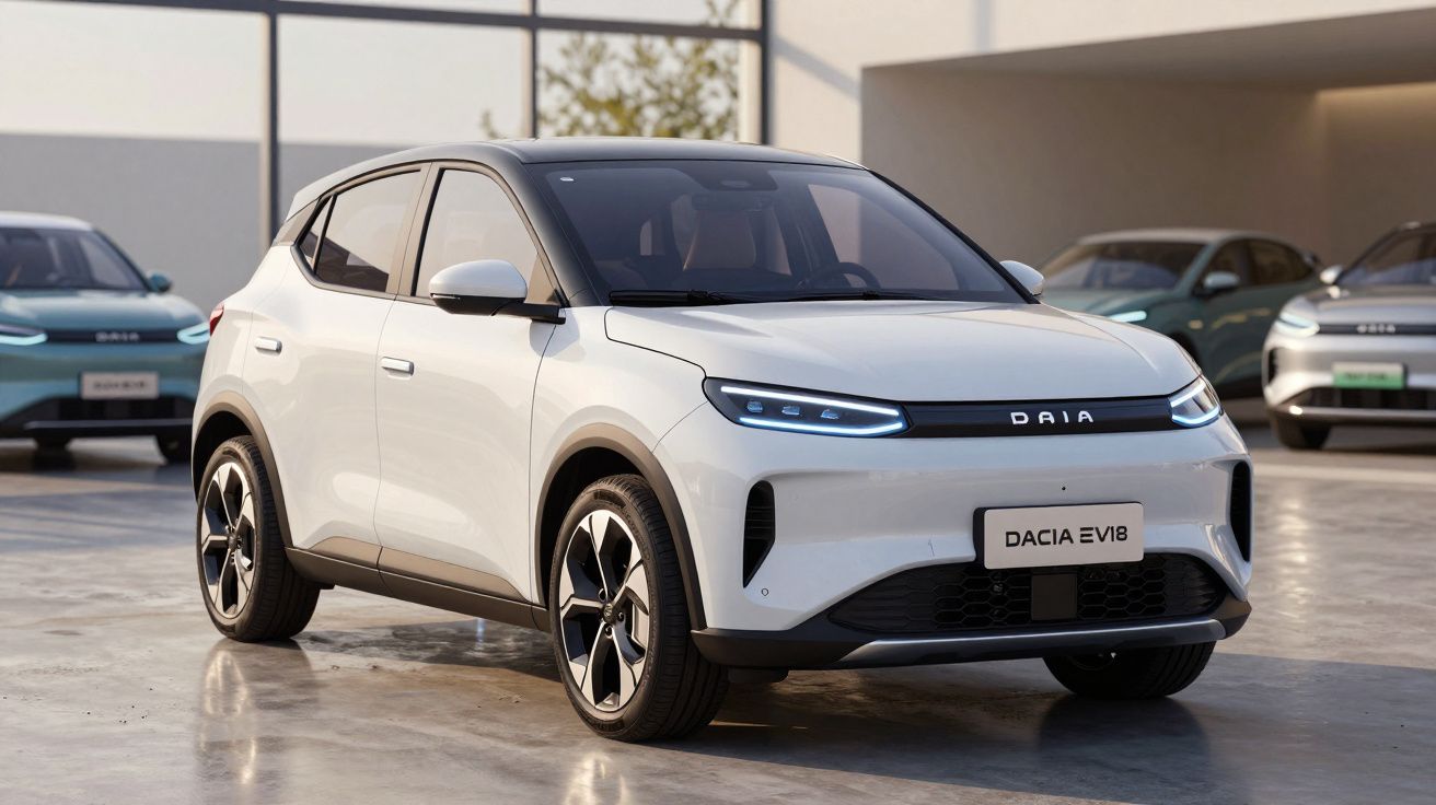 Carro elétrico branco Dacia EV18 estacionado em showroom moderno com outros veículos ao fundo.