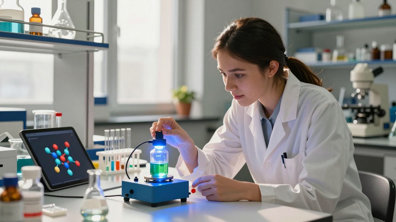 Cientista jovem a observar um frasco com líquido verde luminoso num laboratório moderno com computador e equipamento científi