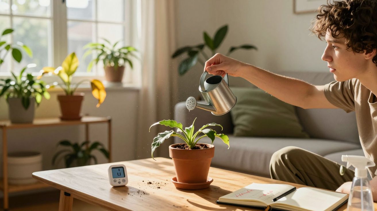 Pessoa a regar planta em vaso num ambiente luminoso e acolhedor com várias plantas, mesa e caderno aberto.