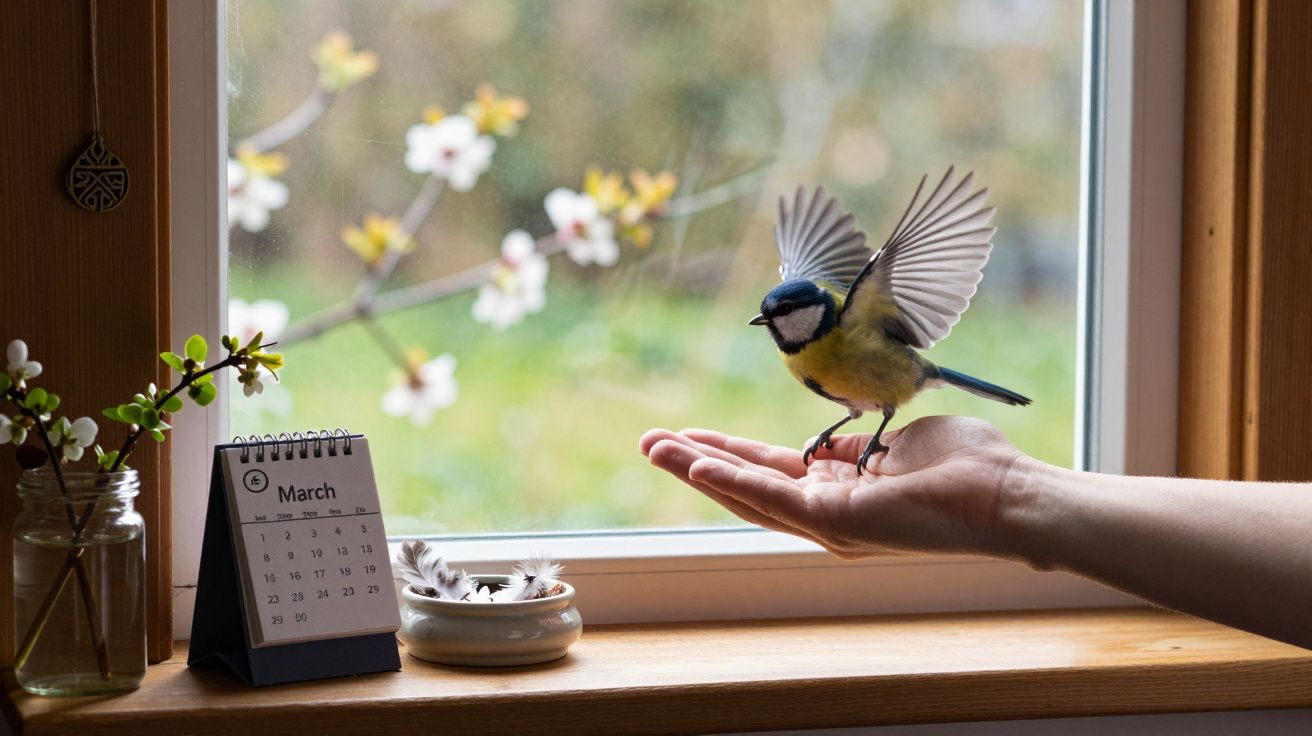 Pássaro pousando na mão estendida junto a janela com flores e calendário de março numa jarra.
