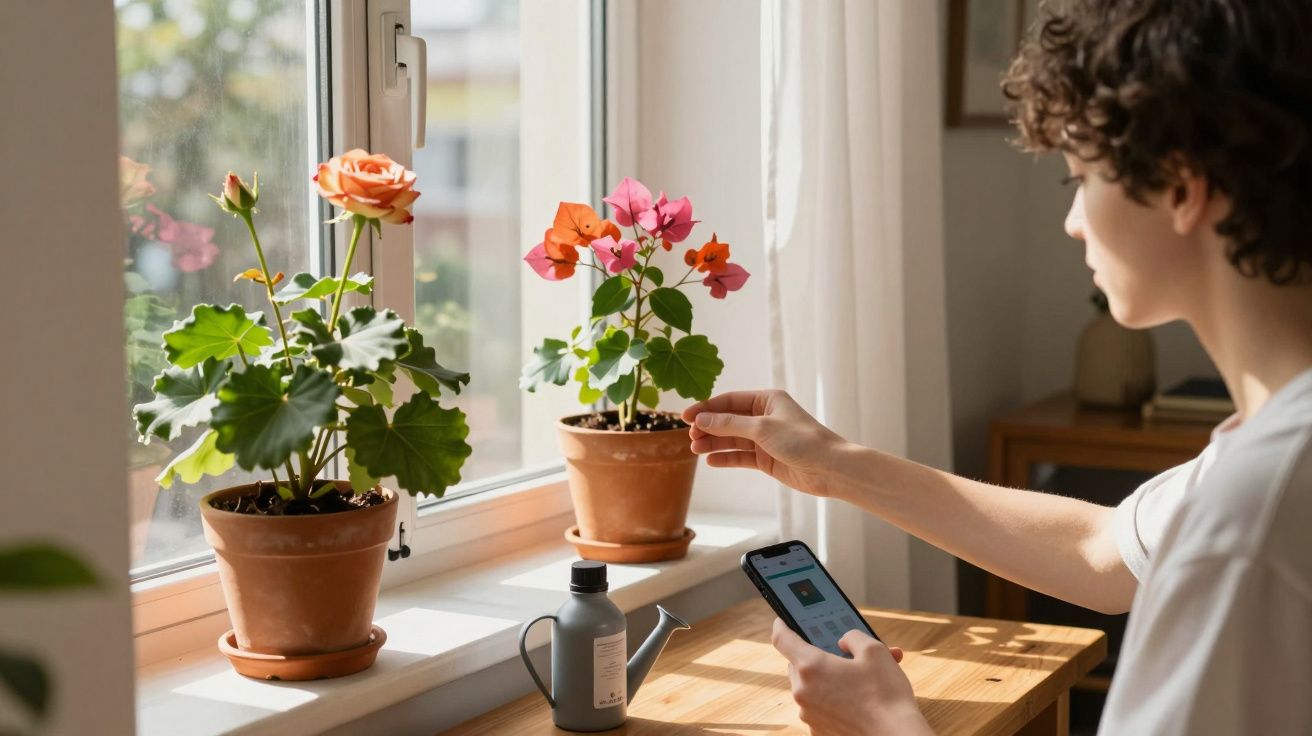Pessoa a cuidar de plantas em vaso junto à janela com regador e telemóvel numa mesa de madeira.