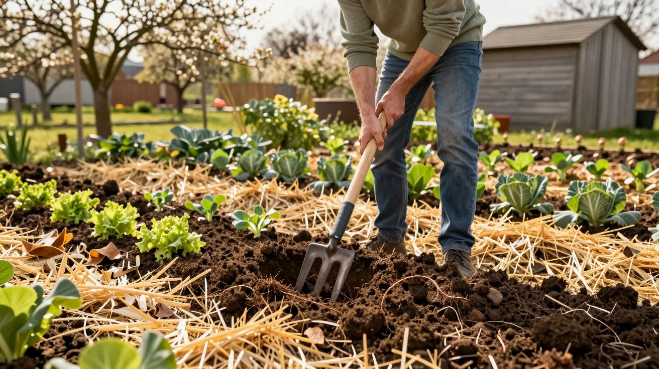 Pessoa a cavar a terra numa horta com enxada, rodeada de plantas e flores, em dia ensolarado.