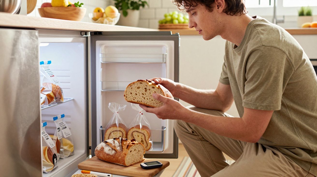 Homem jovem ajoelhado a colocar fatias de pão no frigorífico numa cozinha luminosa.