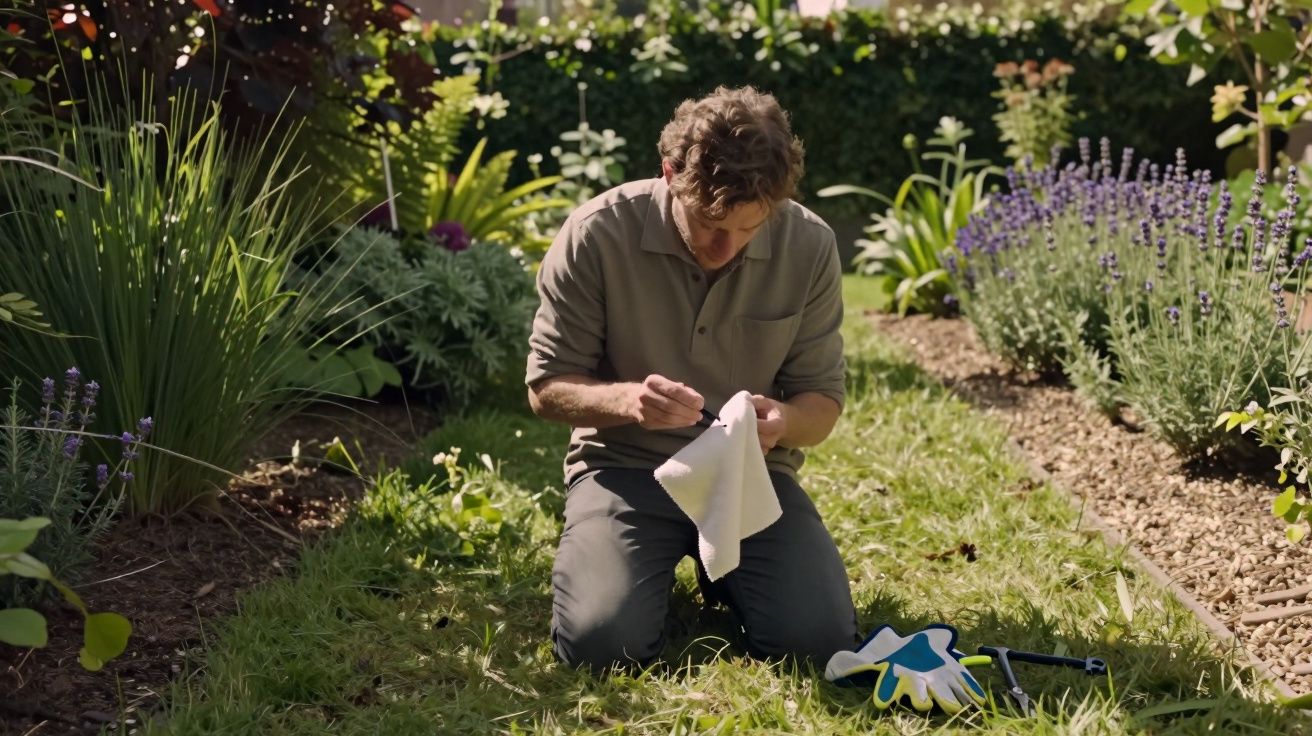 Homem ajoelhado num jardim a bordar tecido branco, rodeado de plantas e ferramentas de jardinagem.