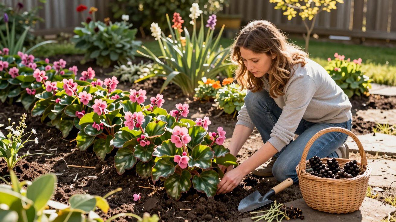 Mulher a cuidar de flores cor-de-rosa num jardim, com cesta de uvas ao lado e pequena pá de jardim.