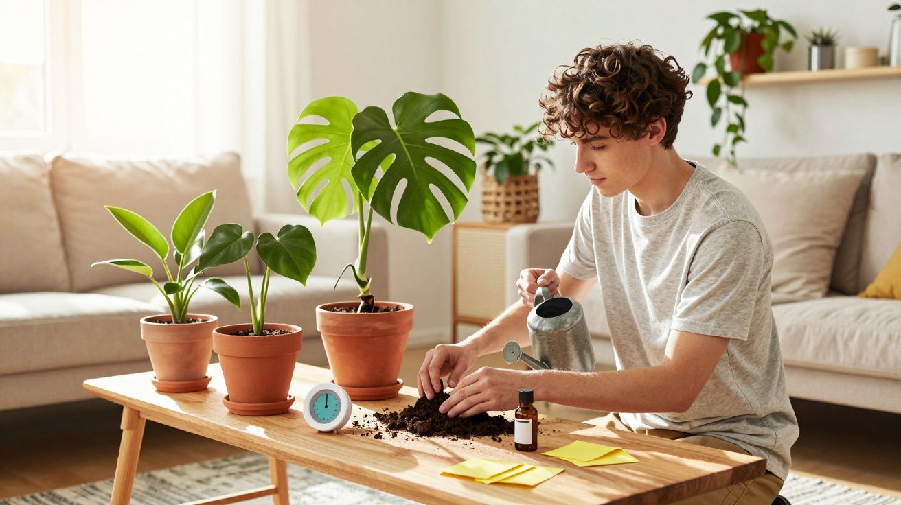 Jovem sentado a regar e tratar plantas em vasos numa sala de estar com sofá e luz natural.