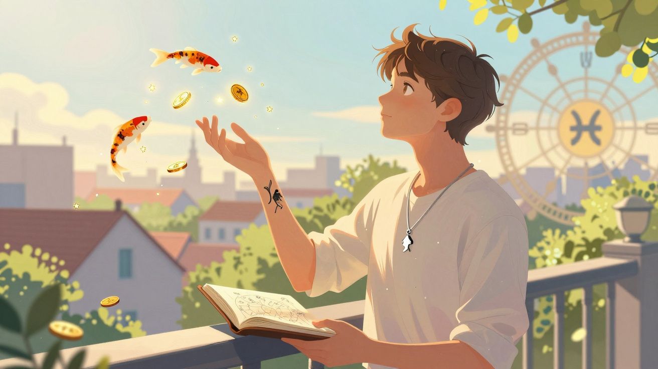 Jovem num terraço observa peixes e moedas douradas flutuando, segurando um livro aberto ao pôr do sol.