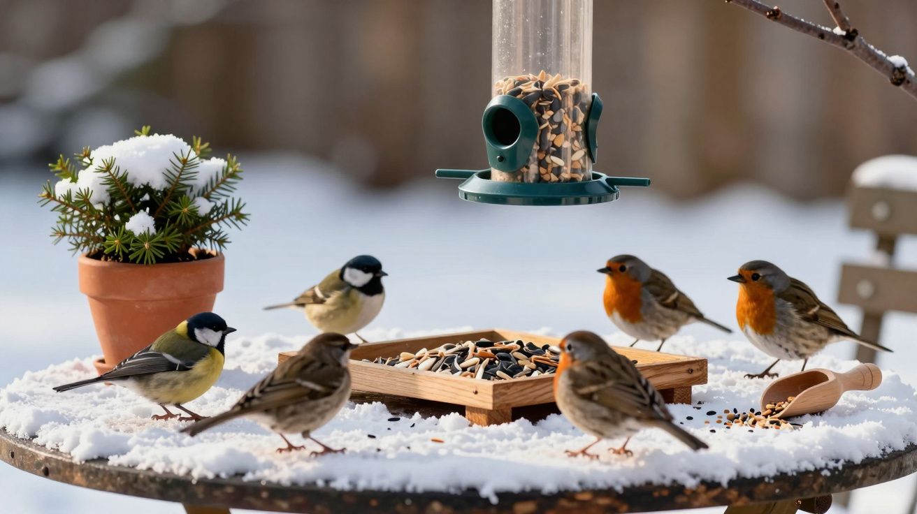 Pássaros coloridos a comer sementes em mesa com neve, perto de comedouro suspenso e vaso com planta.
