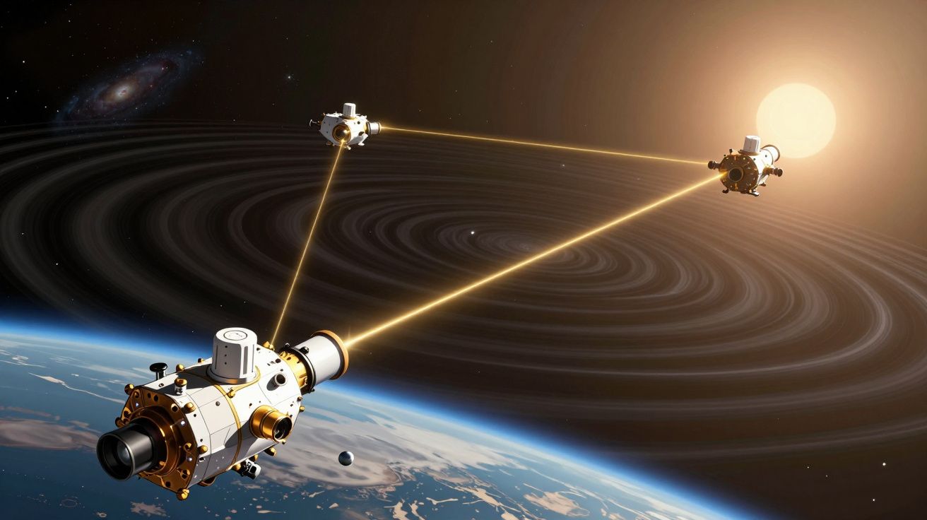 Satélite na órbita da Terra a enviar sinais para outros dois satélites em direção ao Sol.