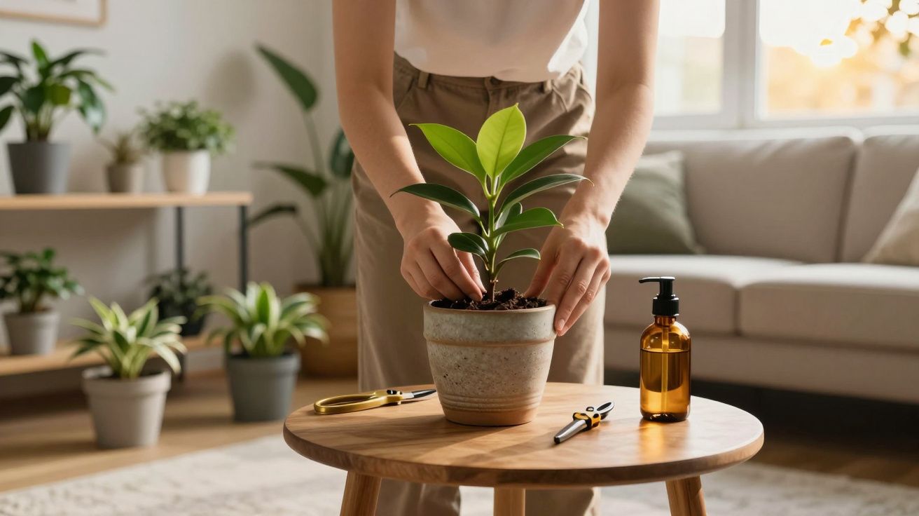 Pessoa a cuidar de planta em vaso num ambiente acolhedor com várias plantas e luz natural.