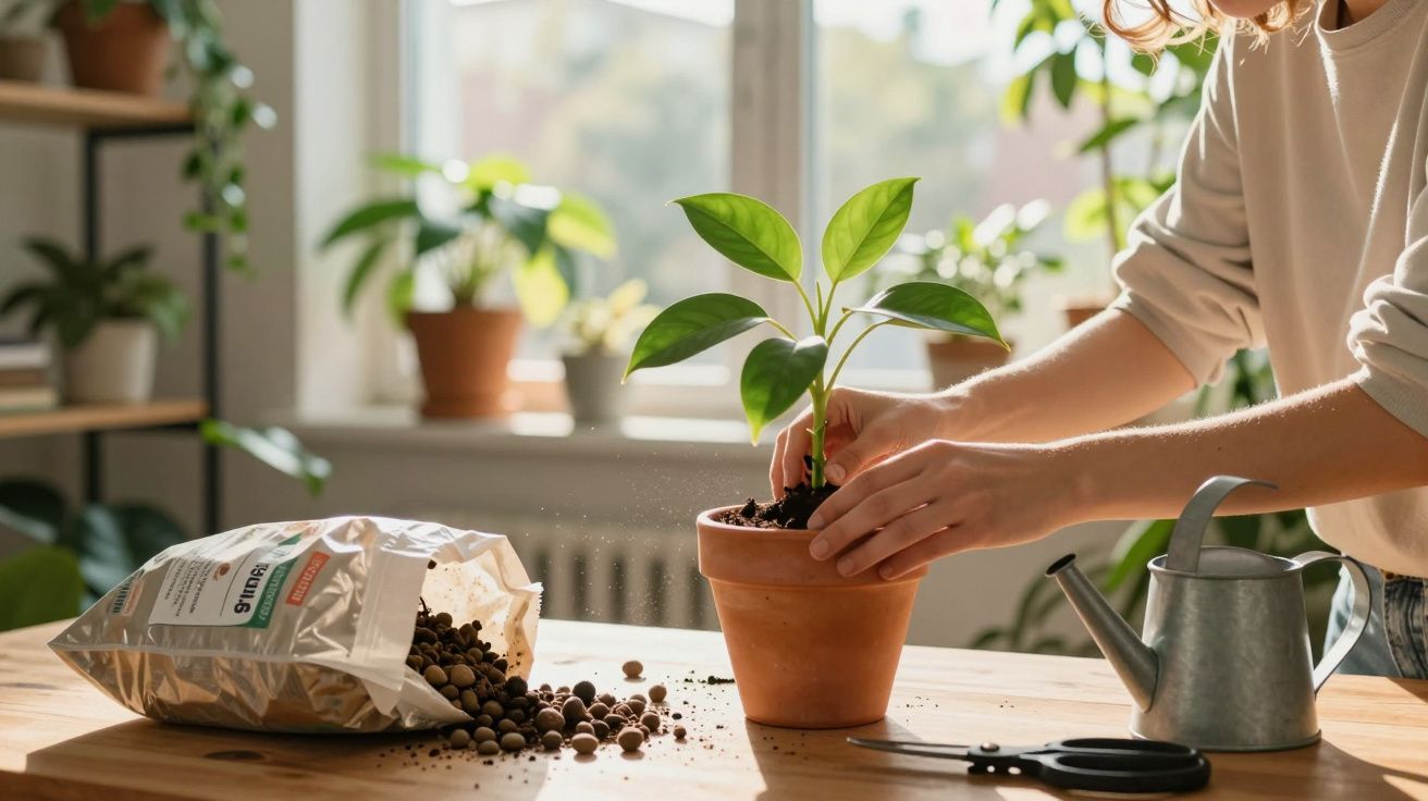 Pessoa a transplantar uma planta em vaso de barro numa mesa com regador e tesoura.