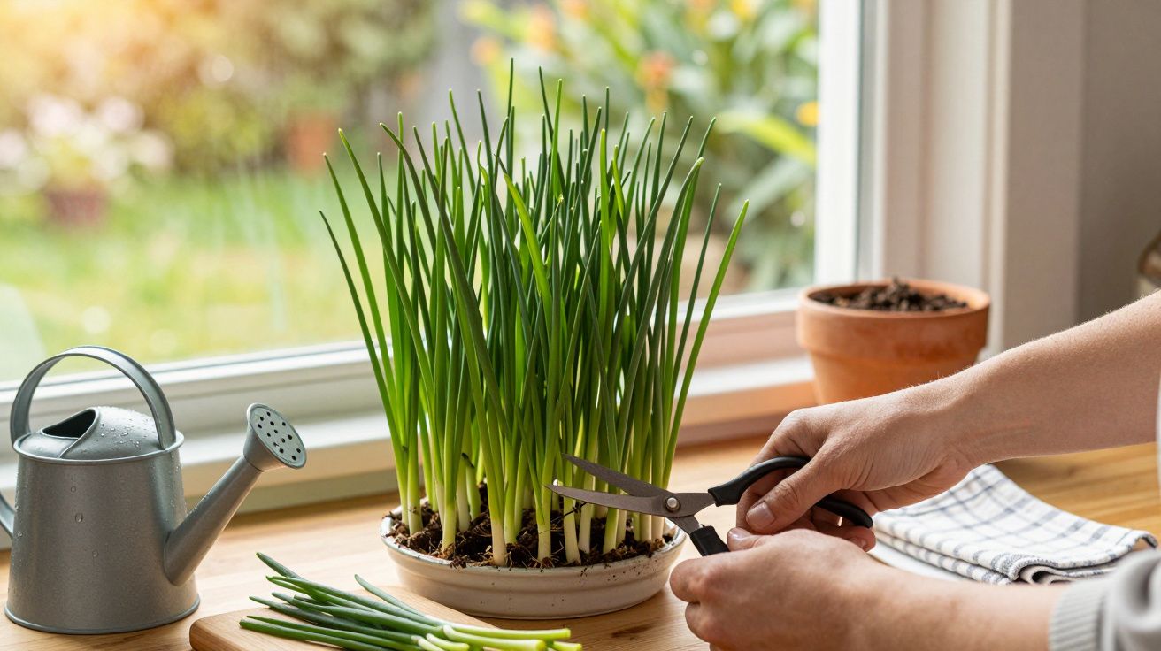 Mãos a cortar cebolinhas verdes frescas num vaso junto à janela, com regador ao lado.
