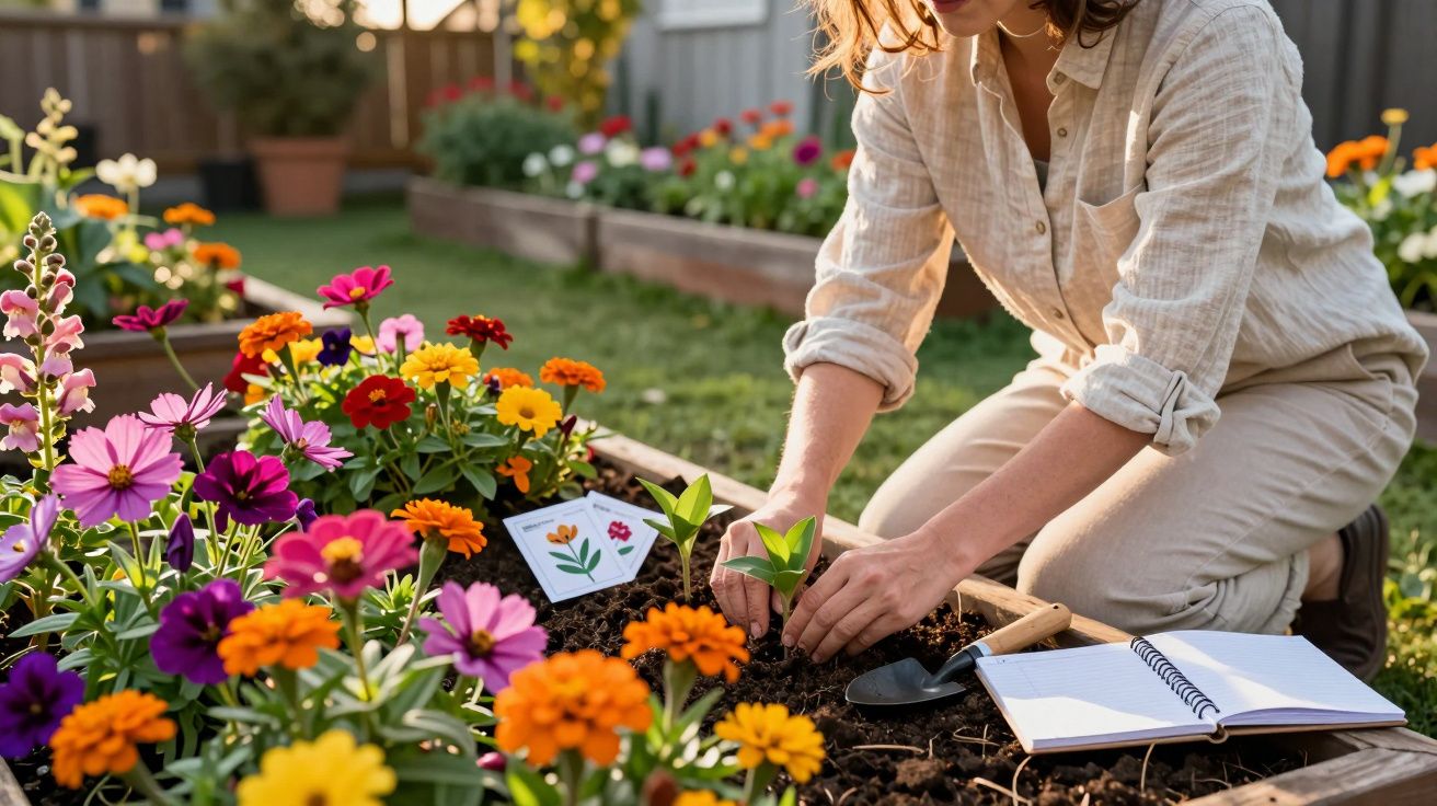 Pessoa a plantar muda em canteiro de flores coloridas com caderno e enxada ao lado em jardim.