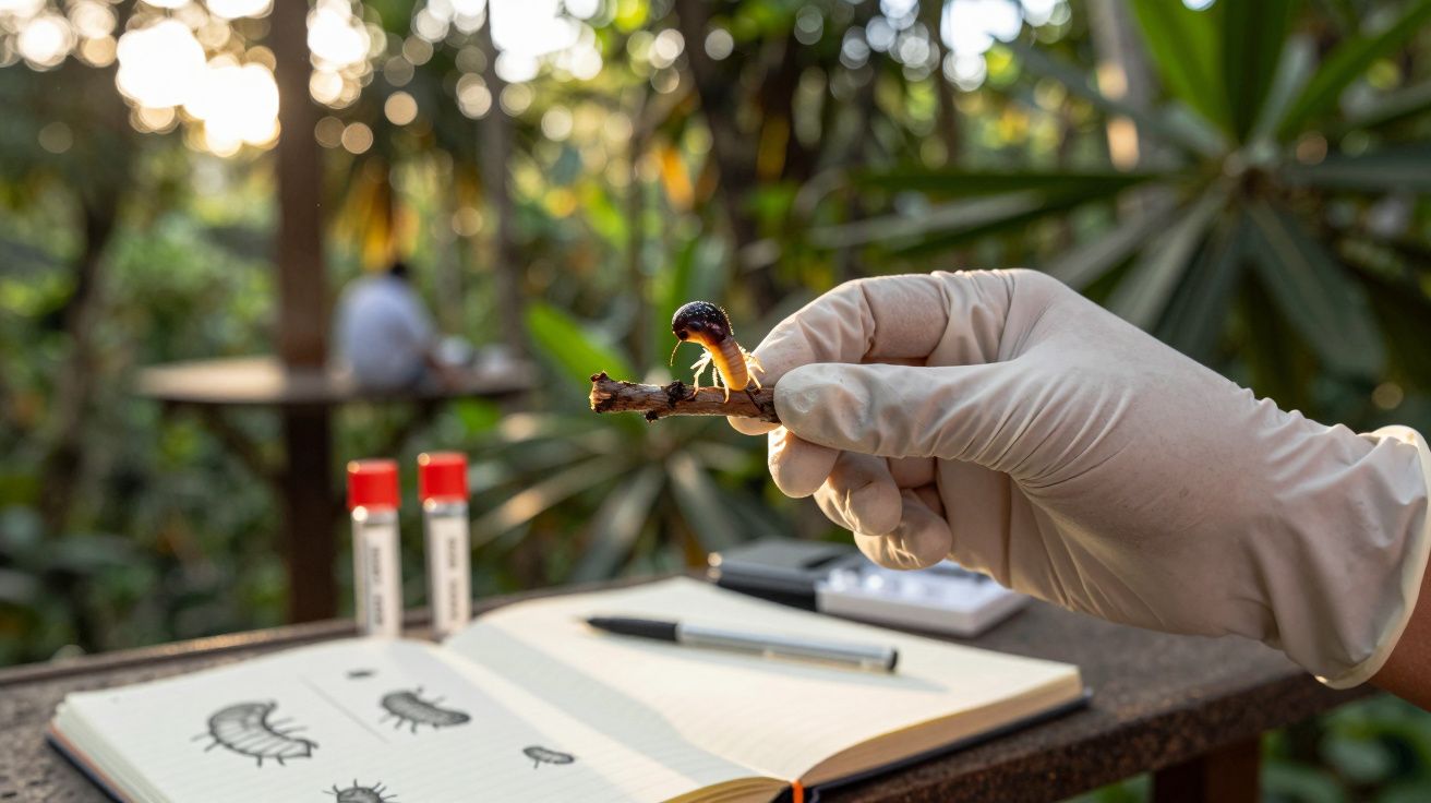 Mão com luva segurando lagarta preta e alaranjada sobre ramo, caderno com desenhos de lagartas e fundo natural desfocado.