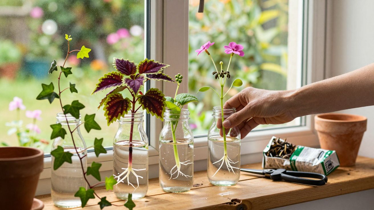 Mãos a cuidar de plantas em garrafas de vidro com água numa janela, com ferramentas e vaso ao lado.