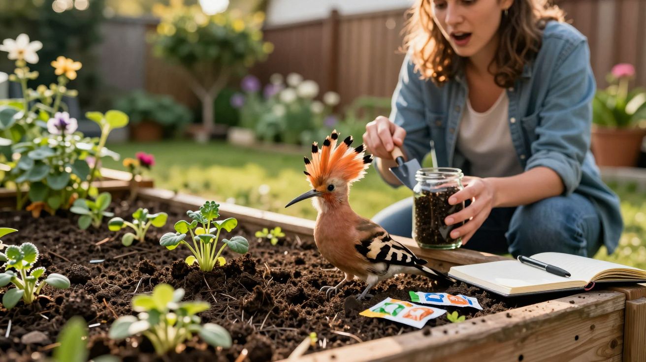 Mulher a semear num canteiro, com pássaro colorido com crista laranja pousado na terra.