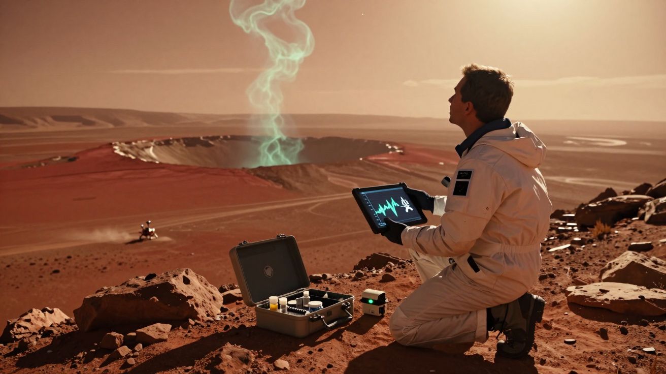 Astronauta com tablet junto a equipamento numa paisagem marciana com cratera e fumo verde.