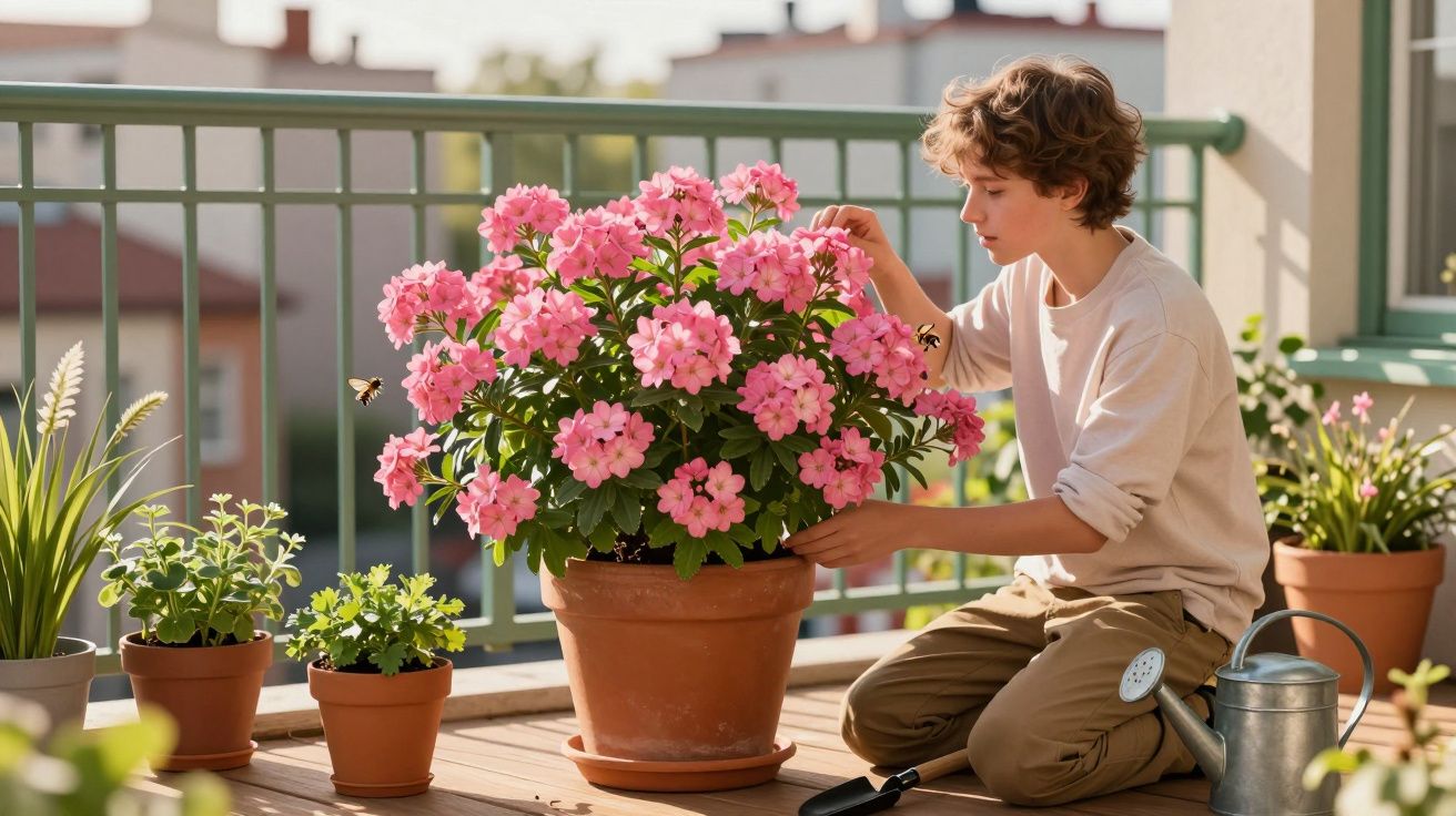Jovem cuida de plantas com flores cor-de-rosa num terraço urbano, rodeado de vasos e regador metálico.