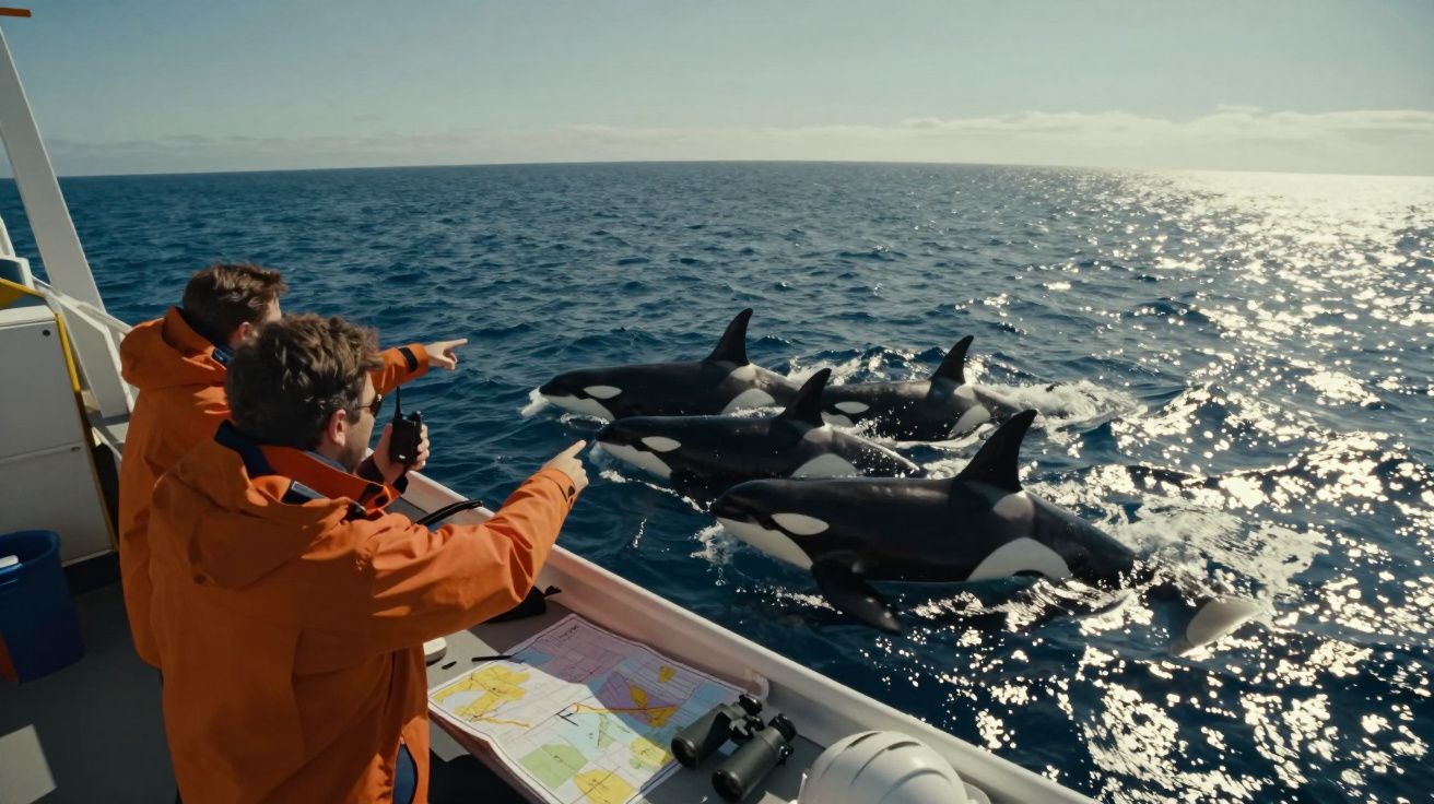 Dois homens em casacos laranja observam e apontam para um grupo de orcas junto a um barco no oceano.