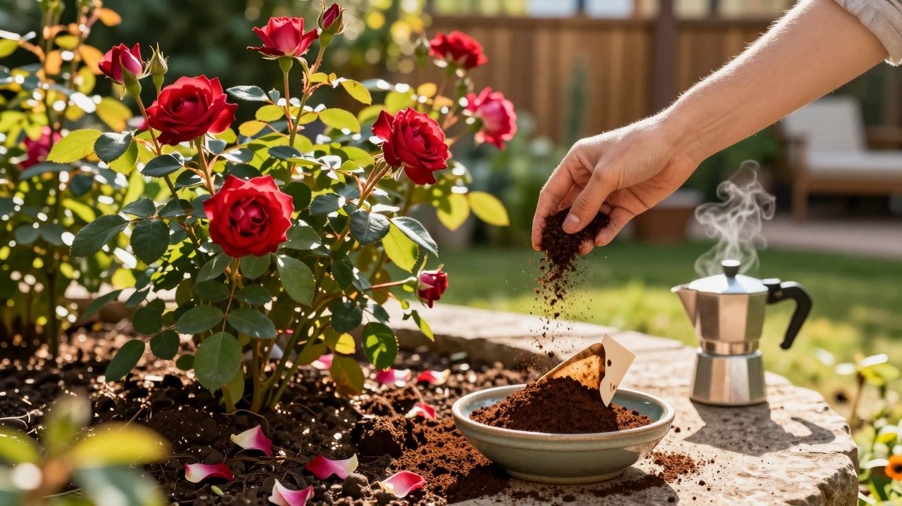 Pessoa de mão a adicionar terra a vaso com rosas vermelhas ao ar livre em dias de sol.