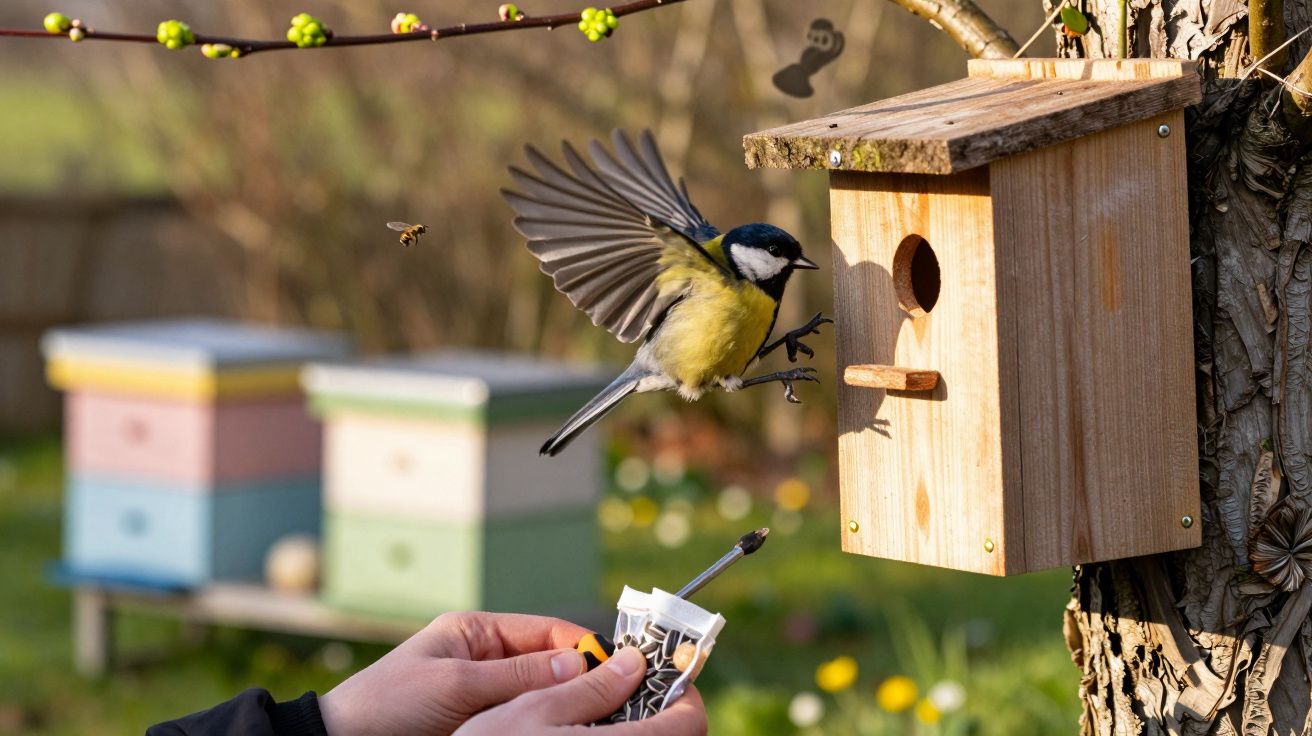 Pássaro a voar em direção a uma caixa-ninho de madeira com um ramo florido e mão a alimentar.