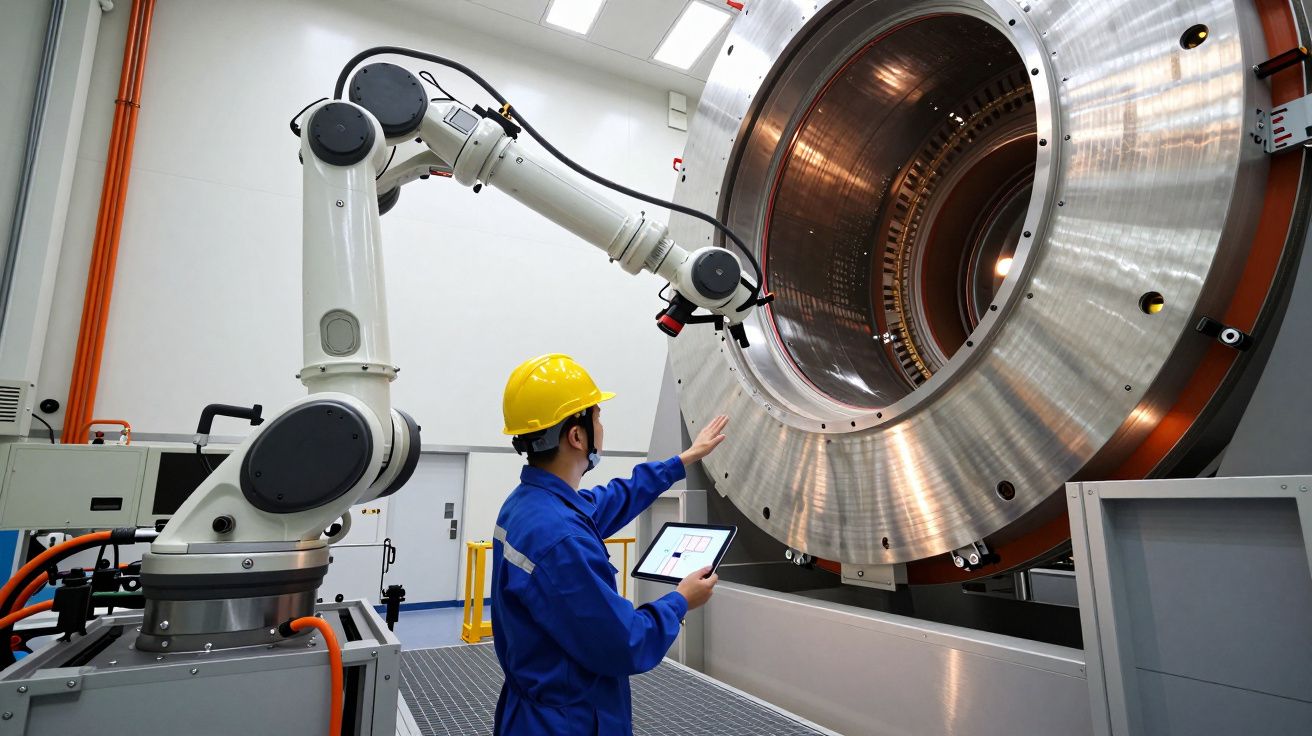 Técnico com capacete amarelo controla braço robótico junto a grande equipamento metálico industrial.