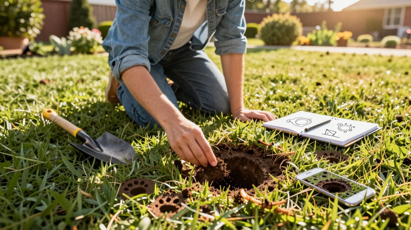 Pessoa a plantar sementes num buraco no solo, com caderno, telemóvel e pá na relva.