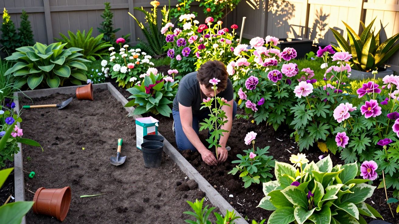 Pessoa a plantar flores cor-de-rosa num jardim bem cuidado com várias plantas e ferramentas de jardinagem.