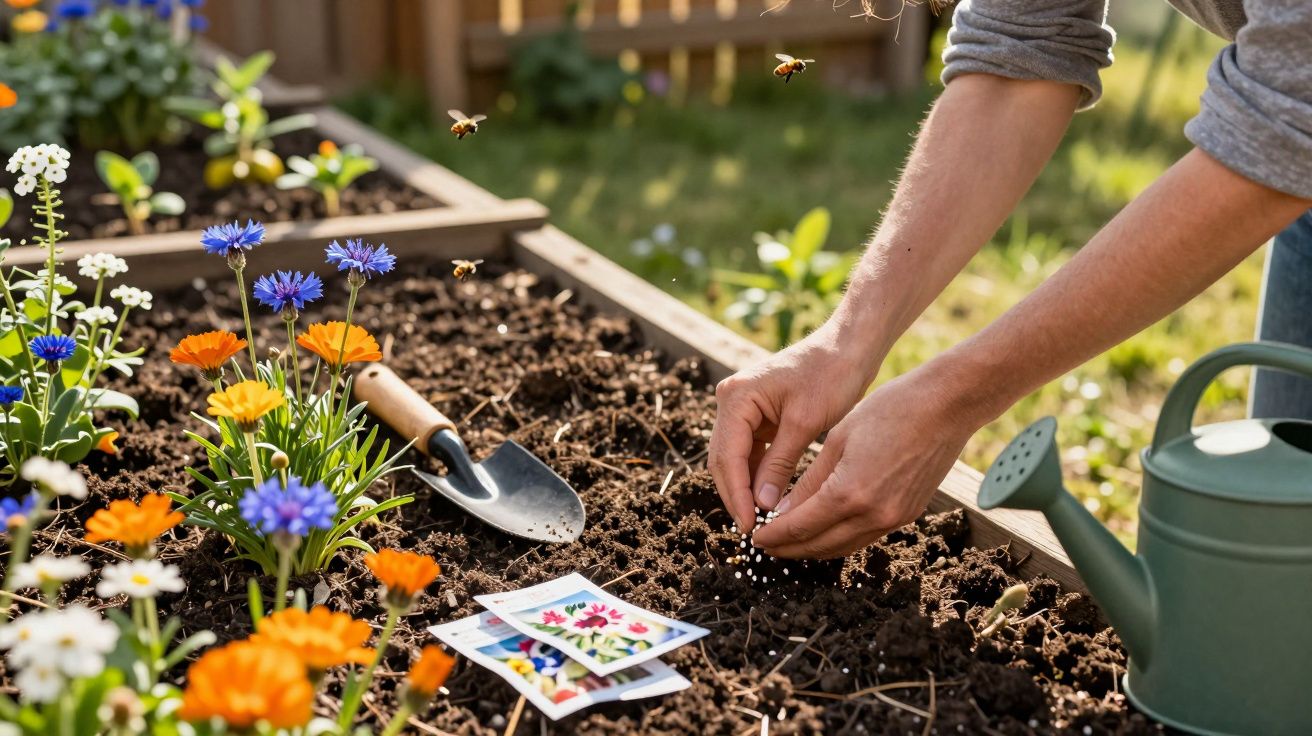 Pessoa a semear em canteiro com flores, regador e abelhas a voar num jardim ensolarado.