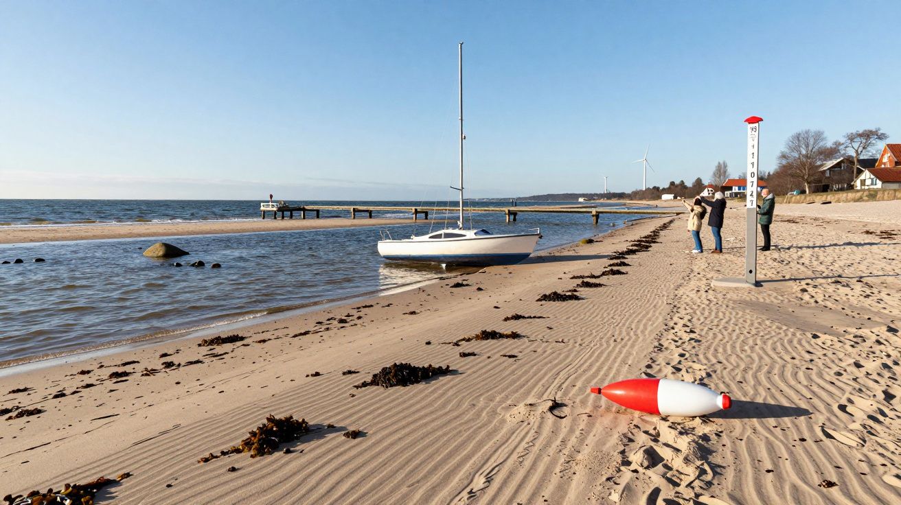 Praia com barco à beira-mar, pessoas em pé, sinalização e cais ao fundo sob céu limpo.