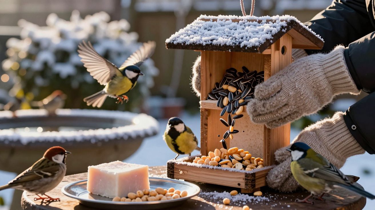 Pássaros na neve a alimentar-se de sementes numa casa de pássaros de madeira com mãos de luvas a encher.