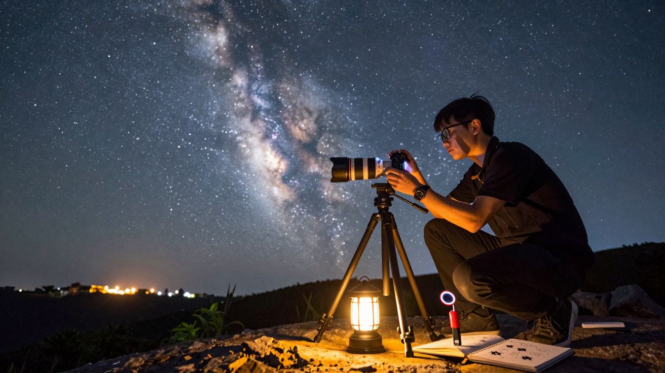 Pessoa com tripé e câmara fotográfica tira fotos da Via Láctea numa noite estrelada em cenário natural.