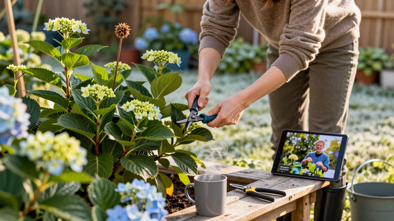 Pessoa a podar plantas com tesoura, acompanhada por vídeo de jardinagem num tablet sobre a mesa.