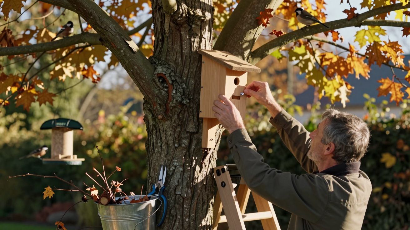 Homem a montar uma casinha para pássaros numa árvore de folhas de outono num jardim ensolarado.