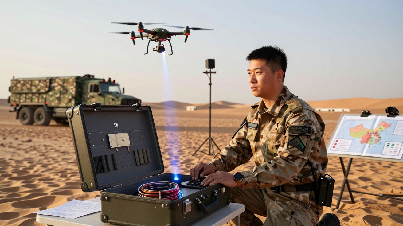 Soldado em uniforme camuflado opera drone num deserto, com camião militar e mapa ao fundo.