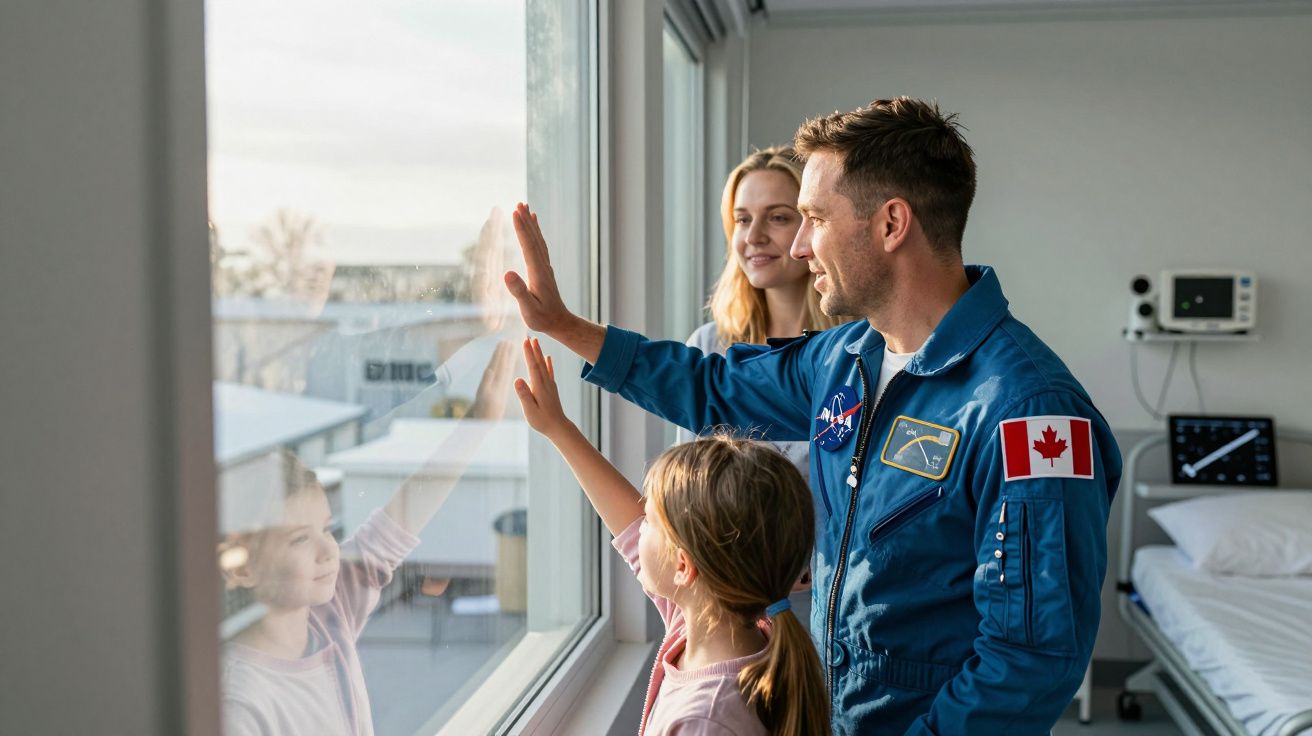 Astronauta com bandeira do Canadá e família a olhar pela janela em ambiente hospitalar.