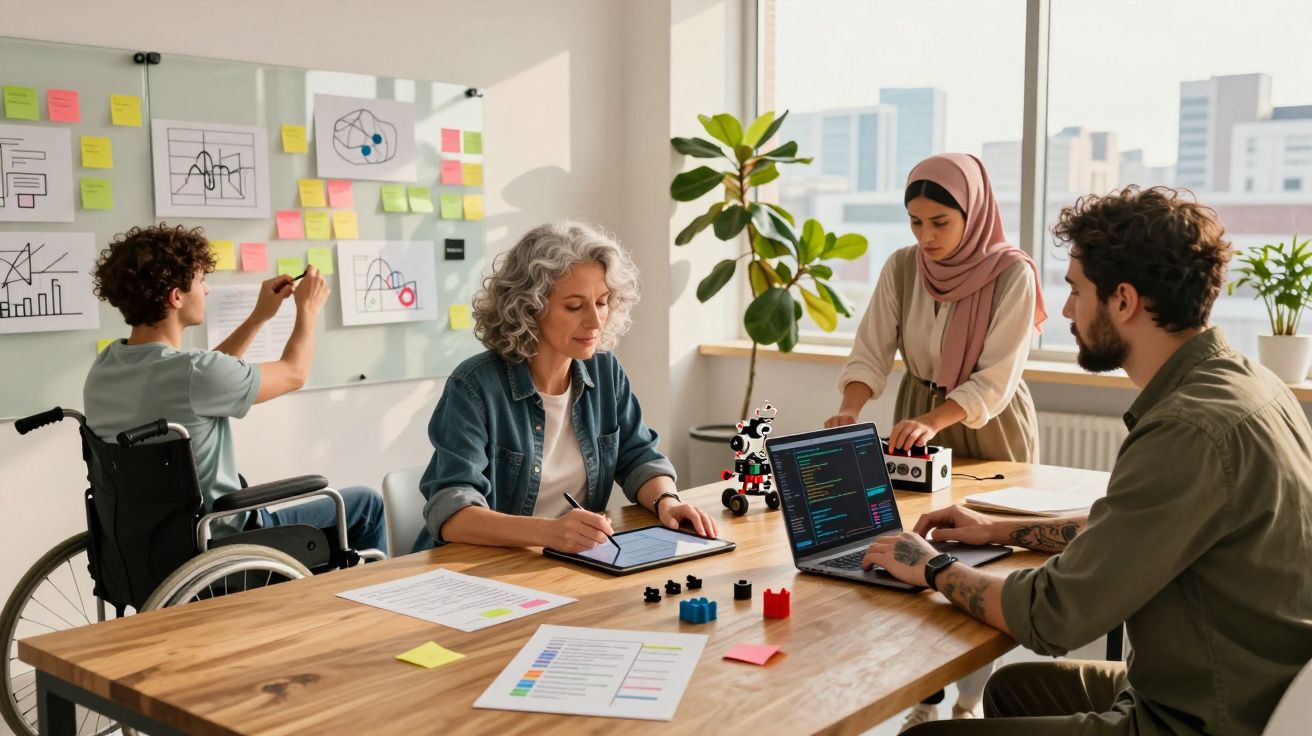 Equipa diversa a trabalhar junta num escritório moderno com notas, computador e robô numa mesa de madeira.